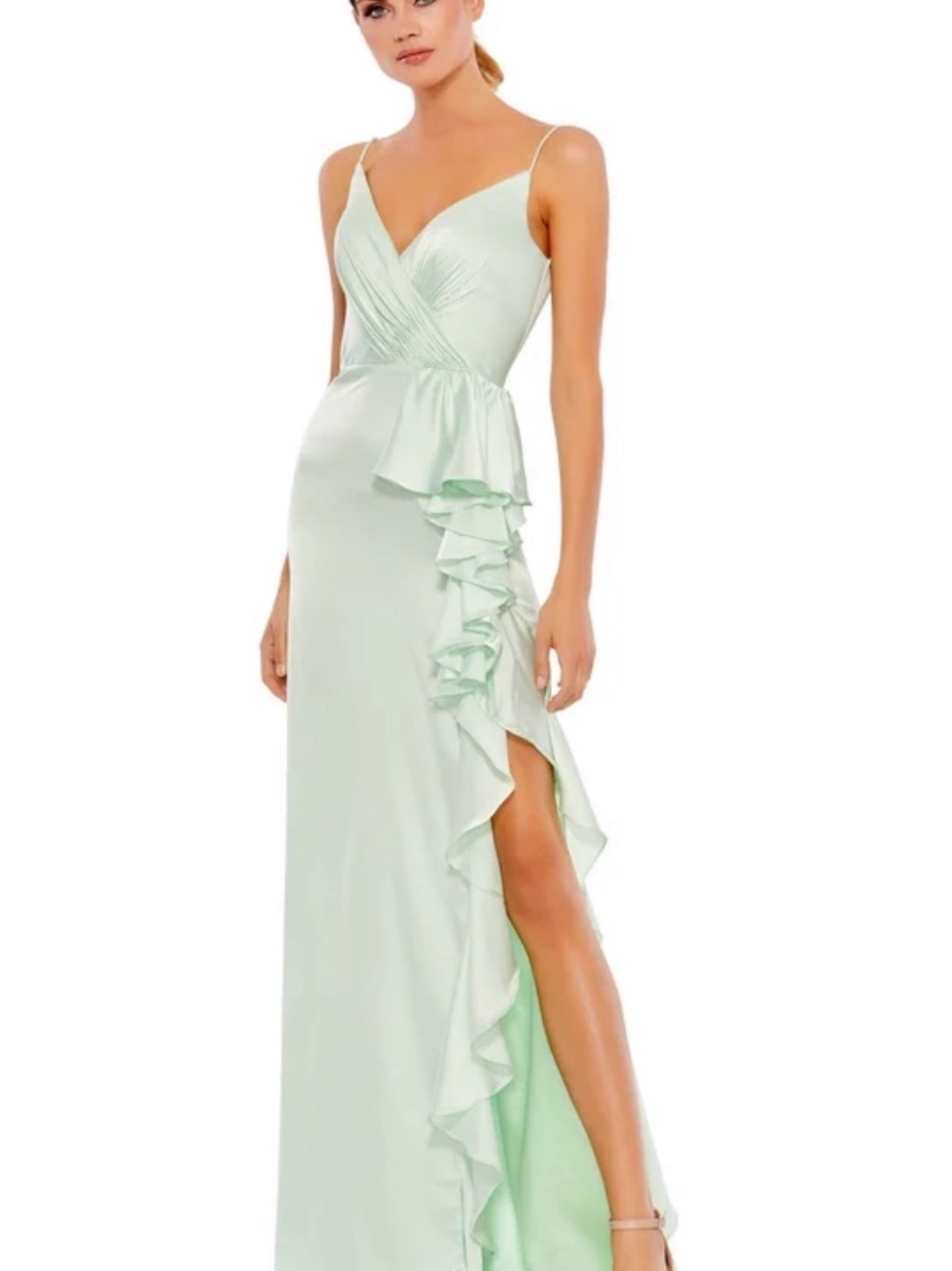 Mac Duggal Ieena Satin Ruffle Gown NWT | Pistachio Mint | Size 2
